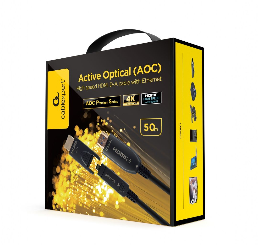 Caja de cable HDMI óptico activo. Muestra conectores de cable, 4K, HDMI de alta velocidad y longitud de cable de 50 m. Caja negra con detalles amarillos.