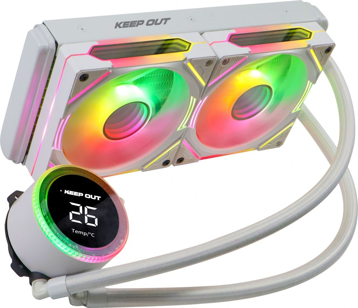 Un enfriador líquido de computadora blanco con dos ventiladores y una pantalla de temperatura, que muestra 26°C. Los ventiladores tienen luces de colores.