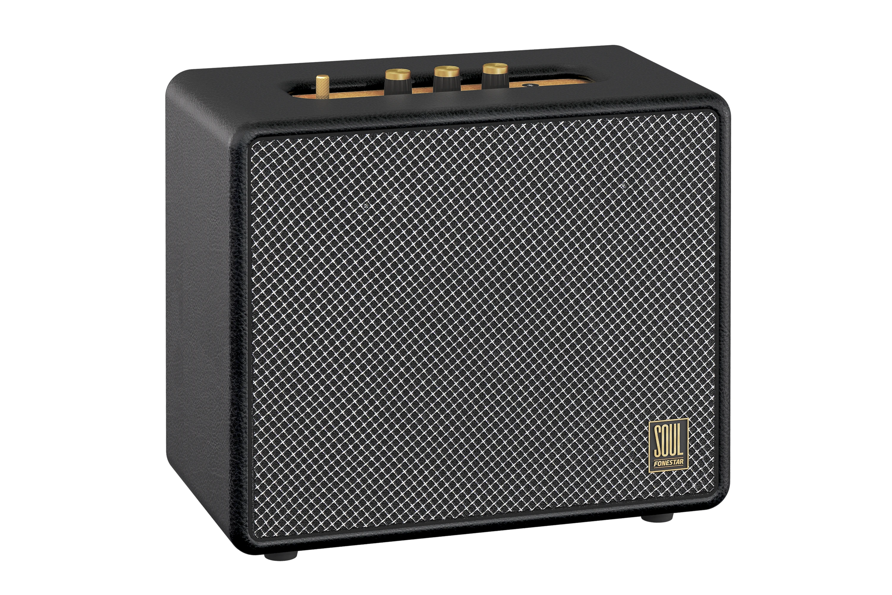 Altavoz negro con rejilla de diamante y controles dorados. El altavoz tiene la marca 'SOUL FONESTAR'.