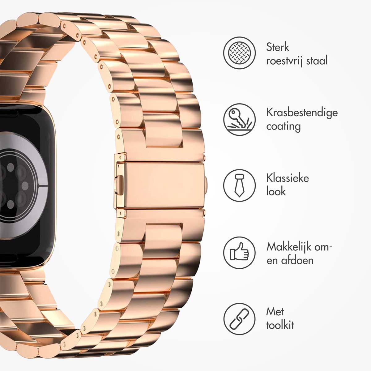 Rose gold watch strap. Features: strong stainless steel, scratch-resistant coating, classic look, easy to use, and with a toolkit.