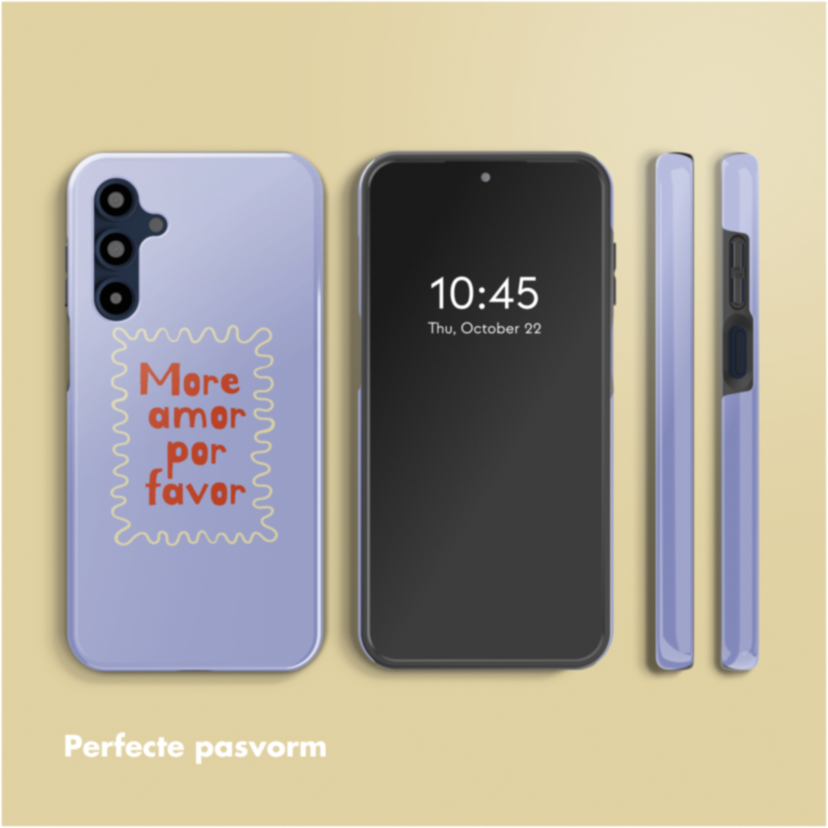Trois smartphones et étuis. Un téléphone affiche l'heure, les autres ont des étuis avec le texte 'More amor por favor'.