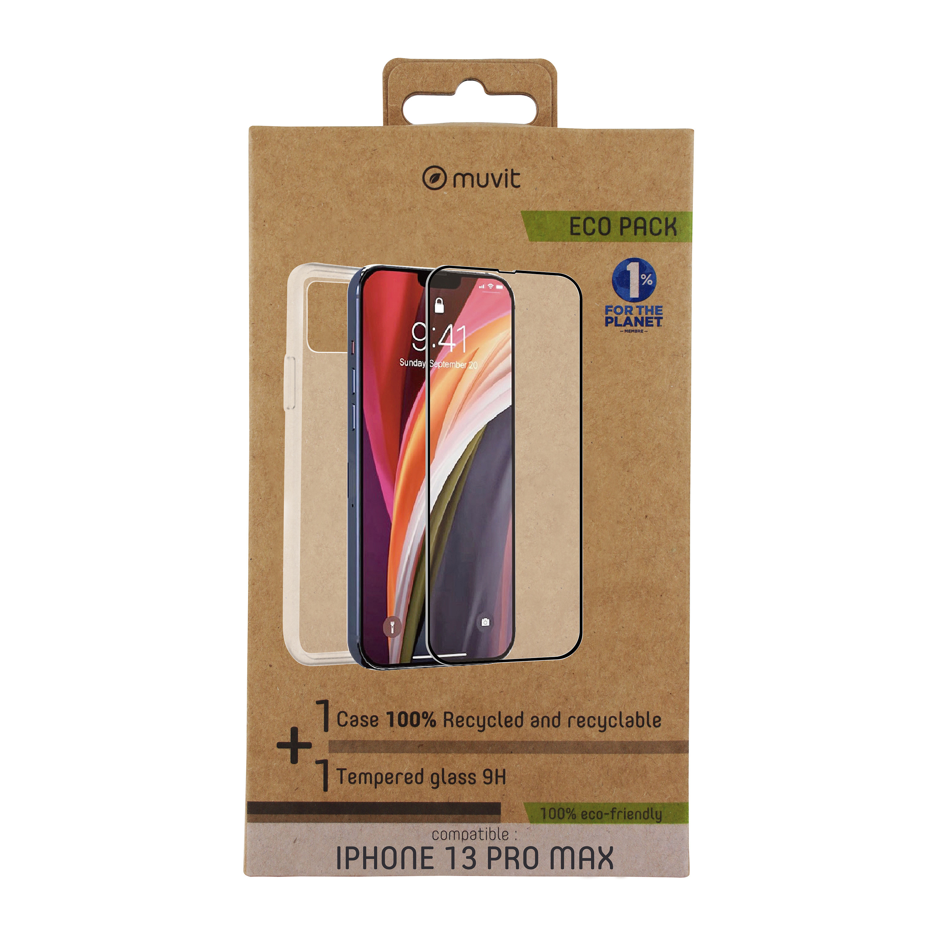 Un paquete de funda y protector de pantalla para iPhone 13 Pro Max, en una caja de cartón marrón, con la pantalla del teléfono visible.