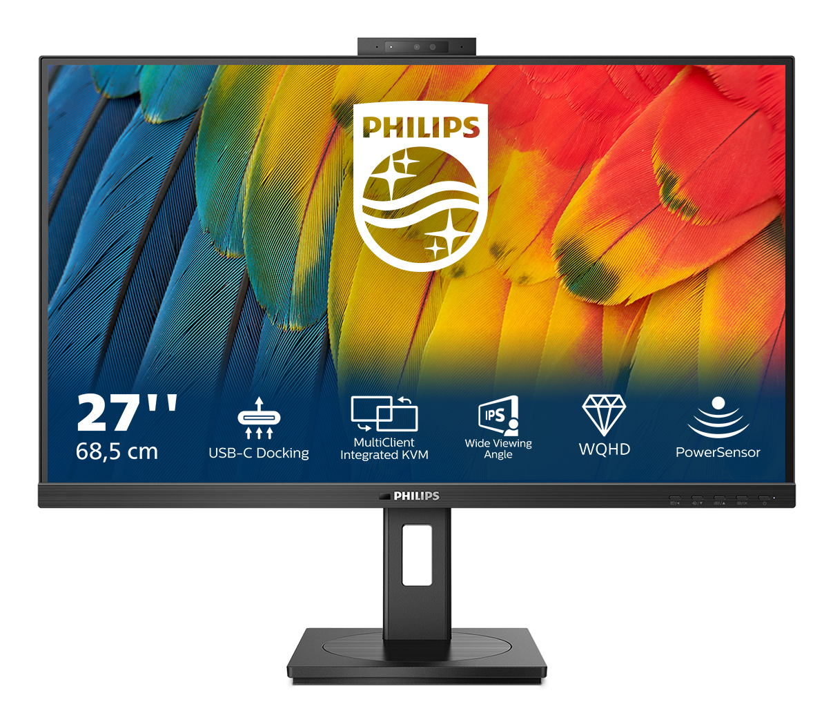 27-calowy monitor Philips z kolorowym tłem z piór. Zawiera USB-C docking i rozdzielczość WQHD.