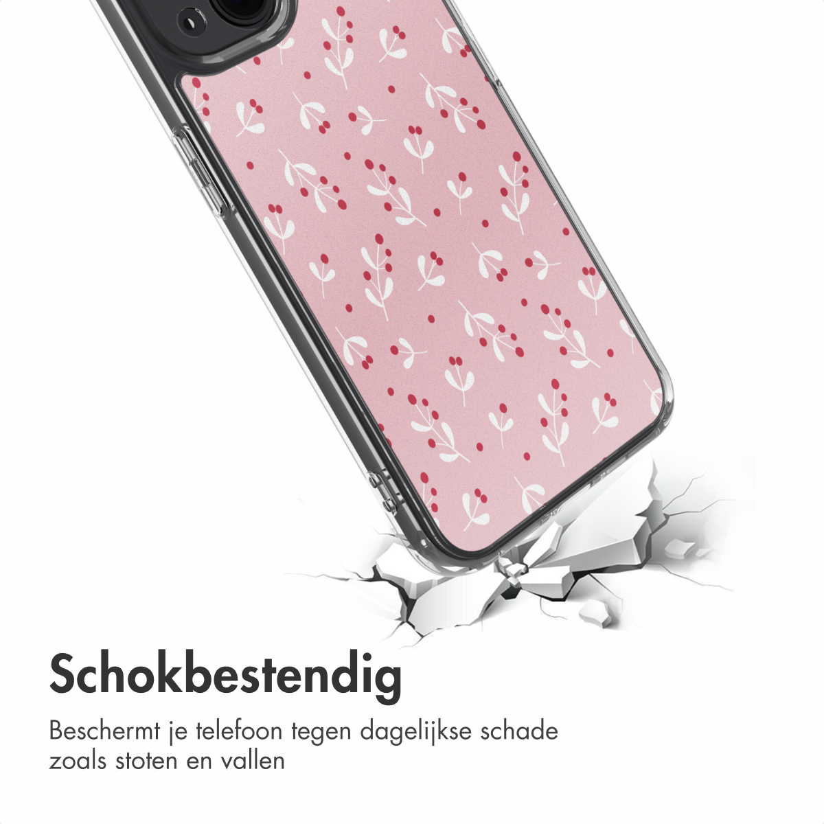 Une coque de téléphone avec un motif floral rose brise une surface blanche, avec le texte 'Schokbestendig' en dessous.