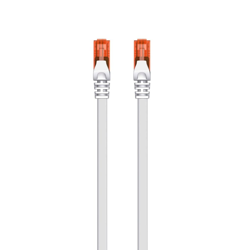 Due cavi di rete bianchi con connettori arancioni sono posizionati verticalmente su uno sfondo bianco. I connettori sono in alto.
