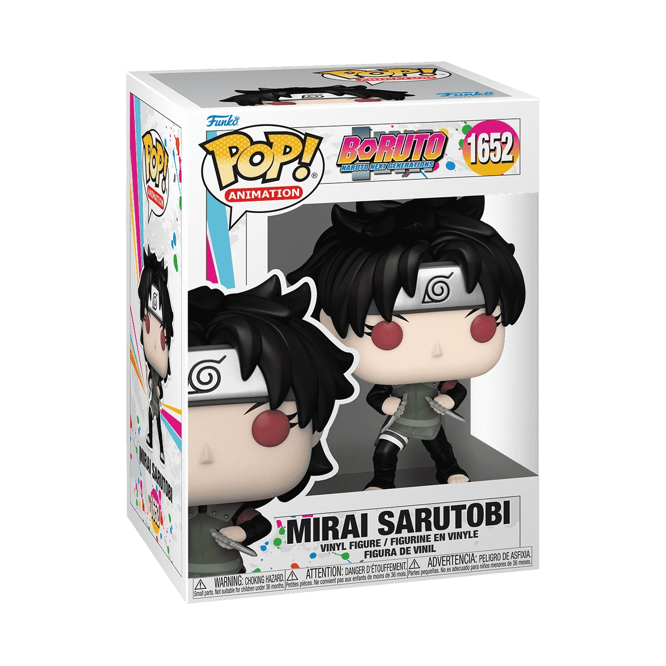 Una figura in vinile Funko Pop di Mirai Sarutobi. La figura ha capelli neri, occhi rossi e una fascia. È in una scatola bianca con il logo di Boruto.