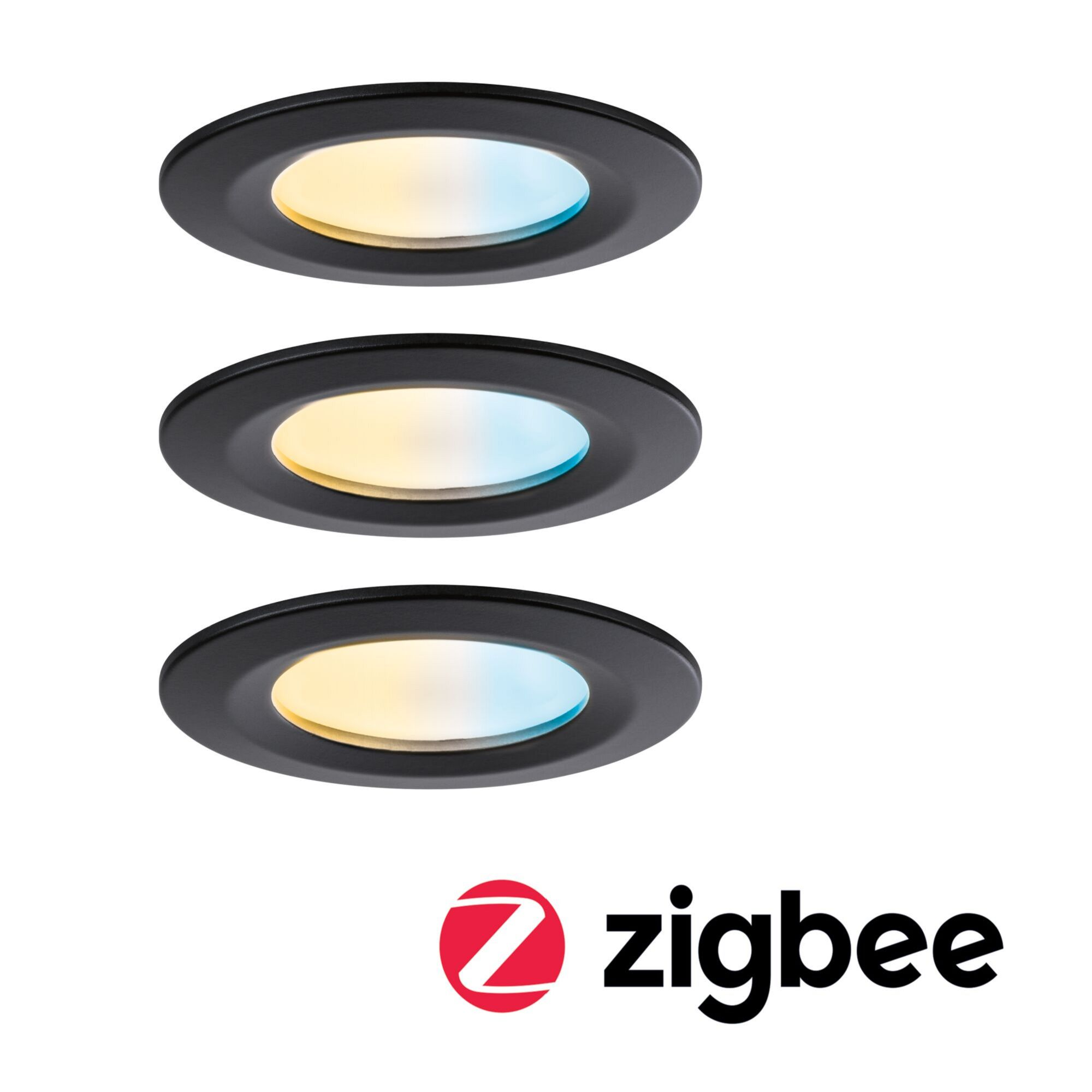 Trzy czarne okrągłe światła z regulowaną temperaturą barwową. Logo Zigbee na dole po prawej.