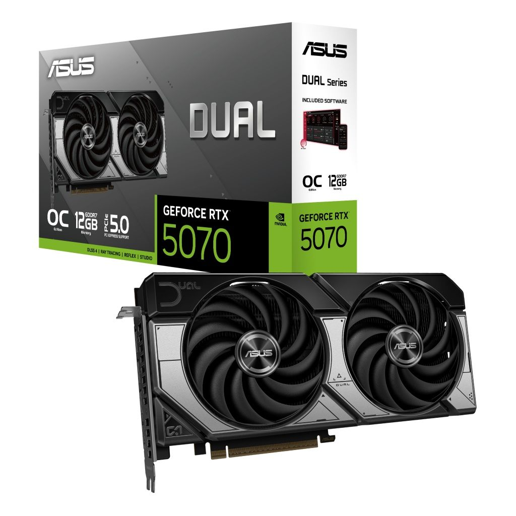 Karta graficzna ASUS Dual GeForce RTX 5070. Czarne wentylatory, srebrne akcenty, pudełko produktu ze specyfikacjami.