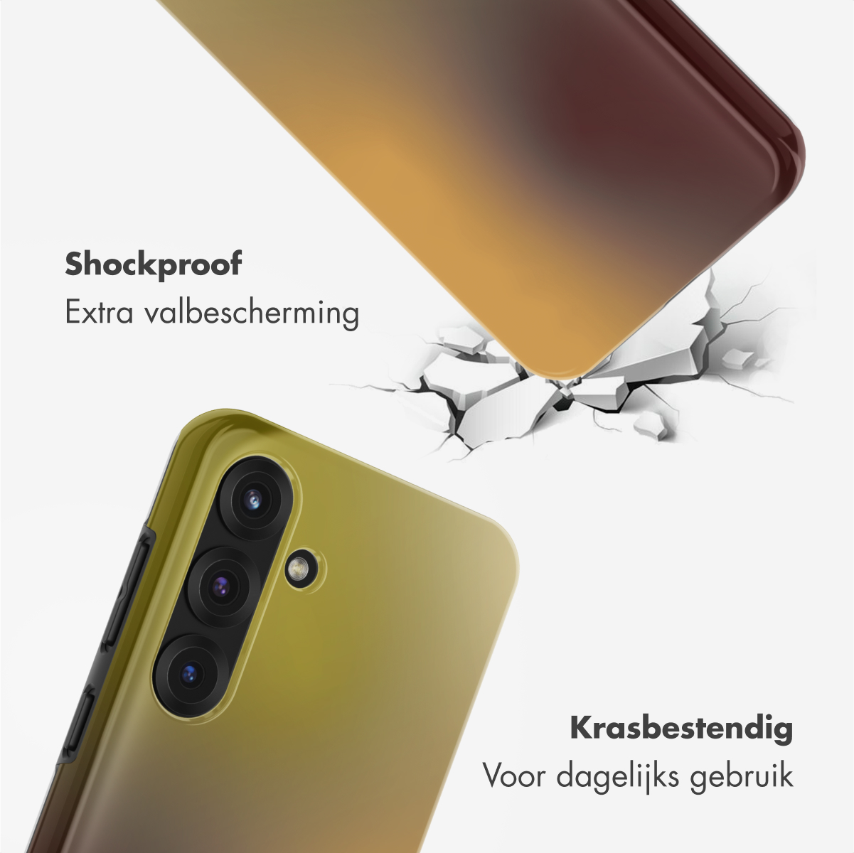 Telefoonhoesje, gele en bruine gradient, vallend. Impact creëert scheuren. Tekst: Schokbestendig, Extra bescherming, Krasbestendig, Dagelijks gebruik.