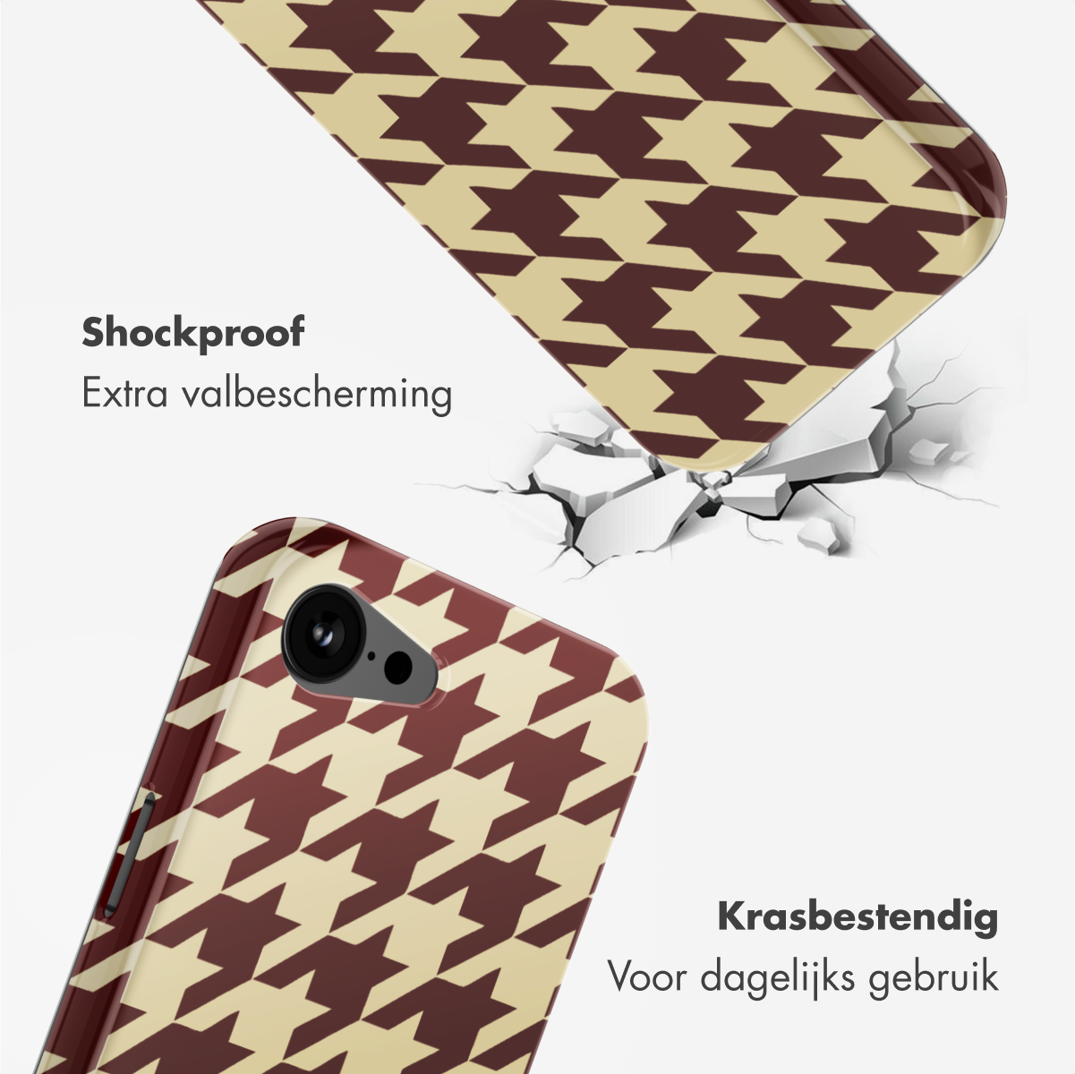 Deux coques de téléphone avec motif pied-de-poule, une en haut et une en bas. L'une tombe, montrant la résistance. Textes présents.