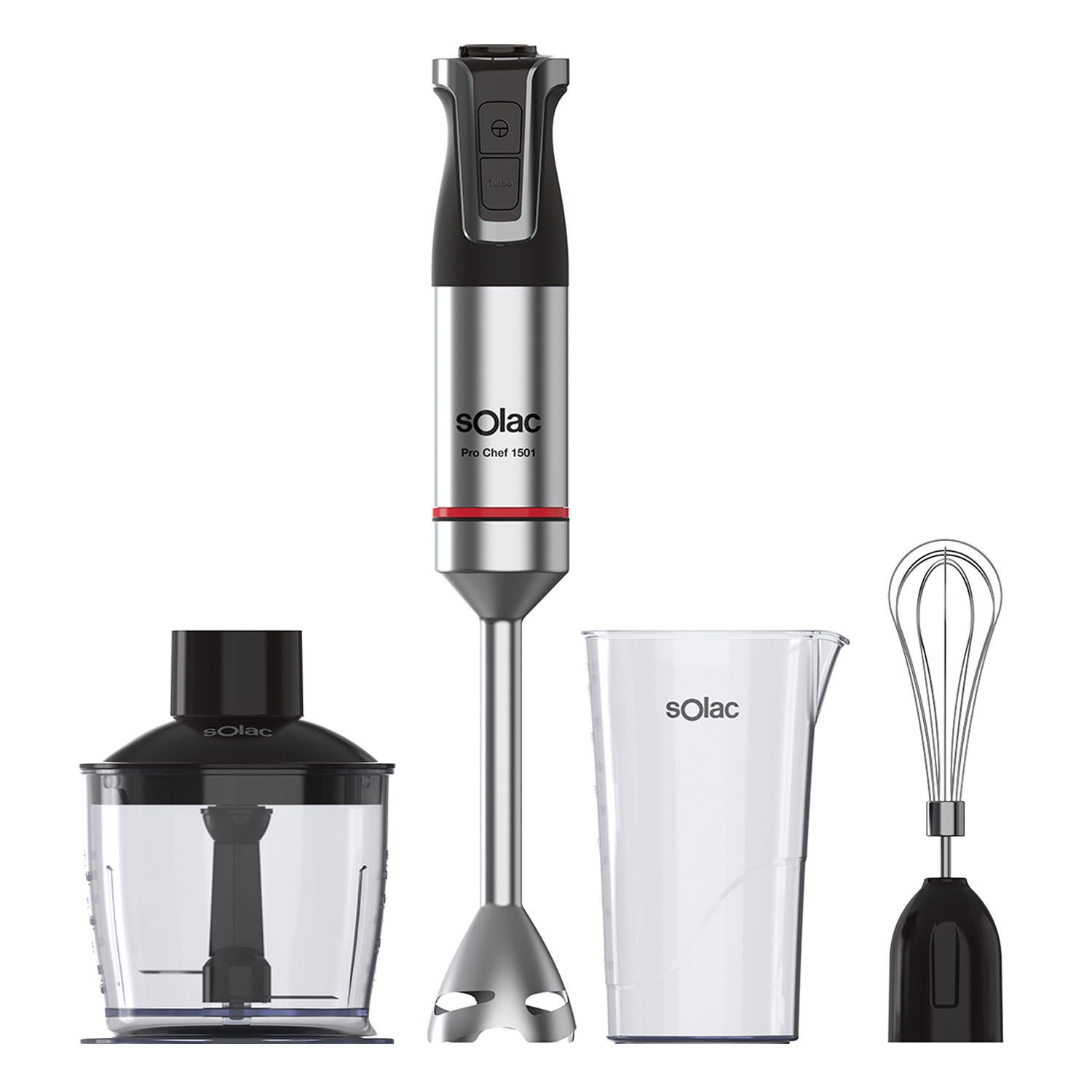 Zestaw blendera ręcznego Solac Pro Chef 1501. Zawiera blender, rozdrabniacz, miarkę i trzepaczkę, wszystko na białym tle.