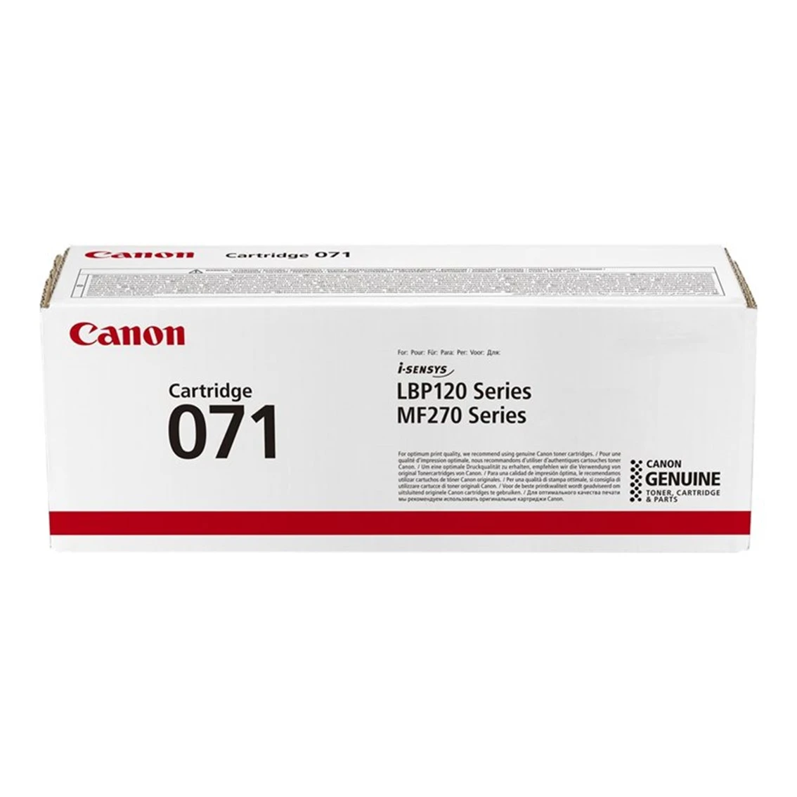 Scatola cartuccia Canon bianca con logo e testo rossi. 'Cartridge 071' è ben visibile.