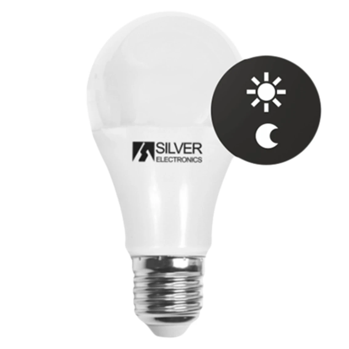 Bombilla LED blanca con el logotipo de Silver Electronics. Un círculo negro muestra iconos de sol y luna, indicando control de brillo.