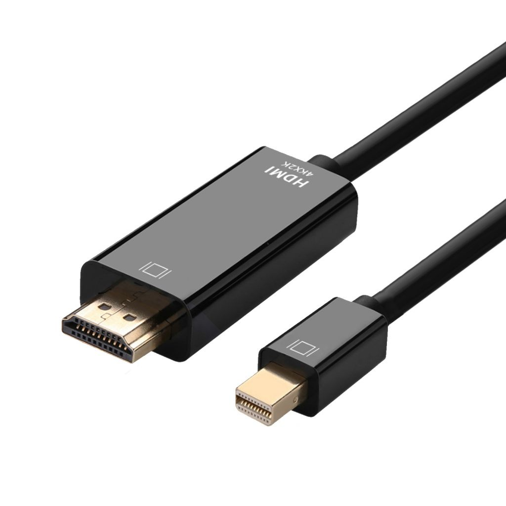 Czarny kabel HDMI ze złotymi złączami i złączem Mini DisplayPort. Na końcu HDMI napis 'HDMI 4Kx2K'.