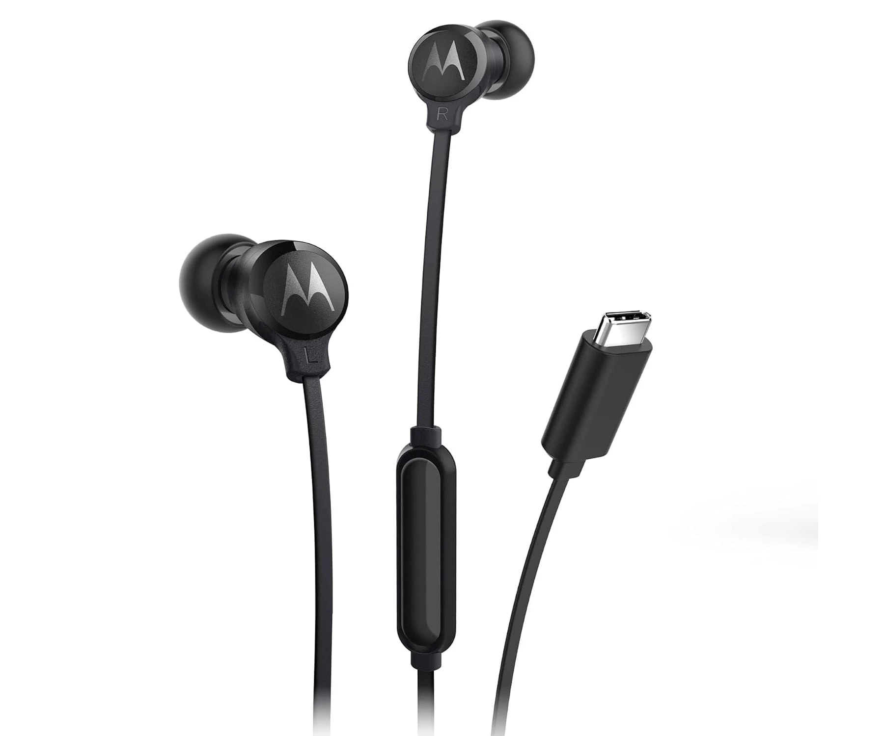 Auricolari Motorola neri con il logo del marchio sull'auricolare. È visibile anche un connettore USB-C.