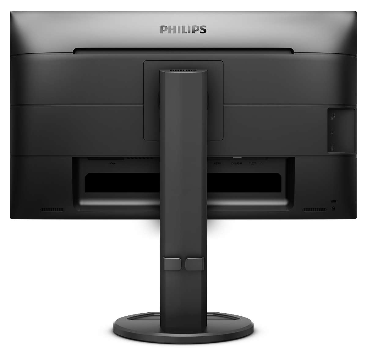 Widok z tyłu czarnego monitora Philips. Ma podstawkę i różne porty. Logo Philips jest widoczne u góry.