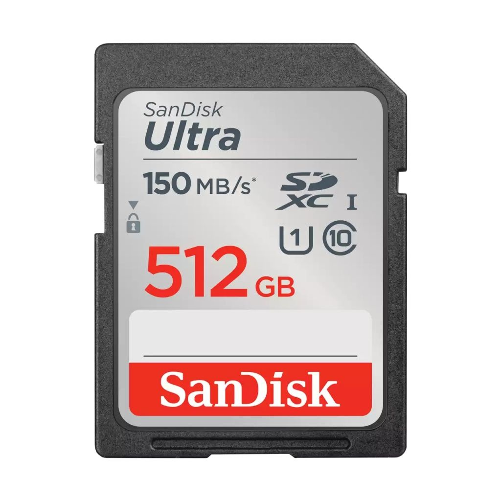 Eine SanDisk Ultra 512GB SD-Karte wird angezeigt. Sie zeigt das SanDisk-Logo, Geschwindigkeitsangaben und Kapazitätsinformationen.