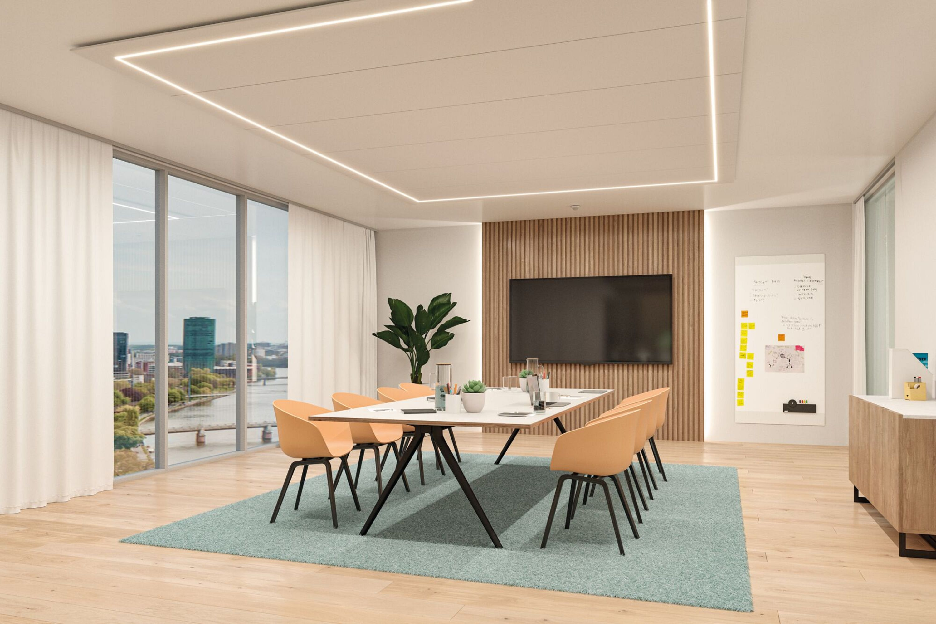 Nowoczesna sala konferencyjna ze stołem, pomarańczowymi krzesłami, widokiem na miasto i drewnianymi panelami.