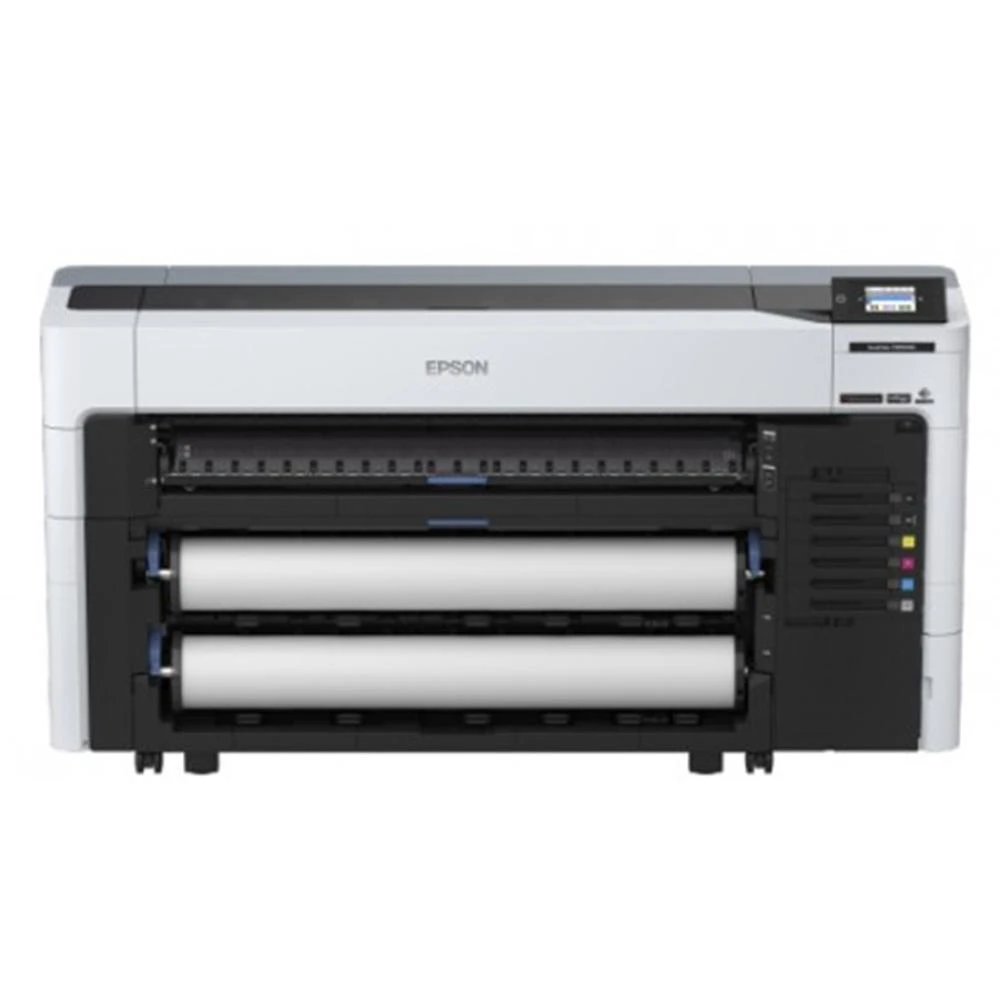 Una stampante Epson di grande formato. Corpo bianco e nero con due rotoli di carta visibili. Logo Epson in alto. Schermo a destra.