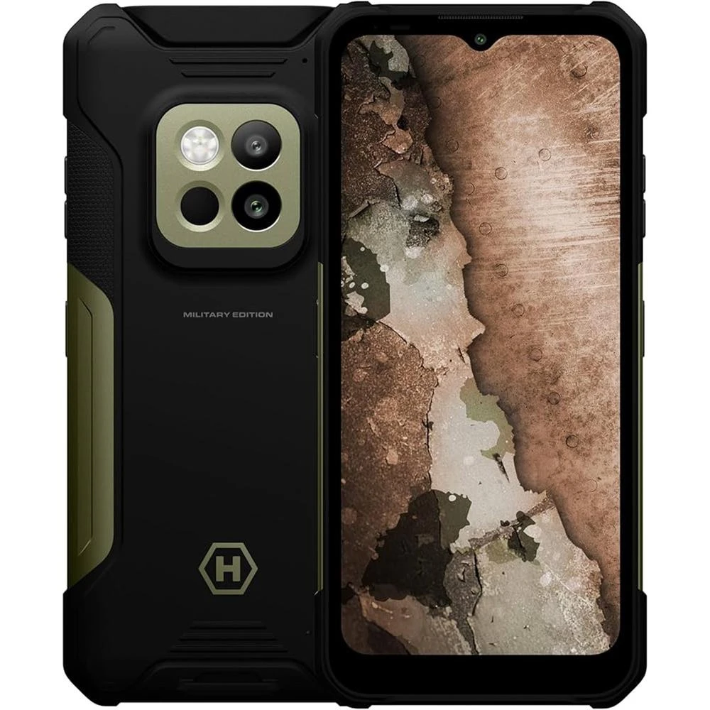 Smartphone robusto. Custodia nera e verde oliva con più fotocamere, lo schermo mostra un motivo mimetico.