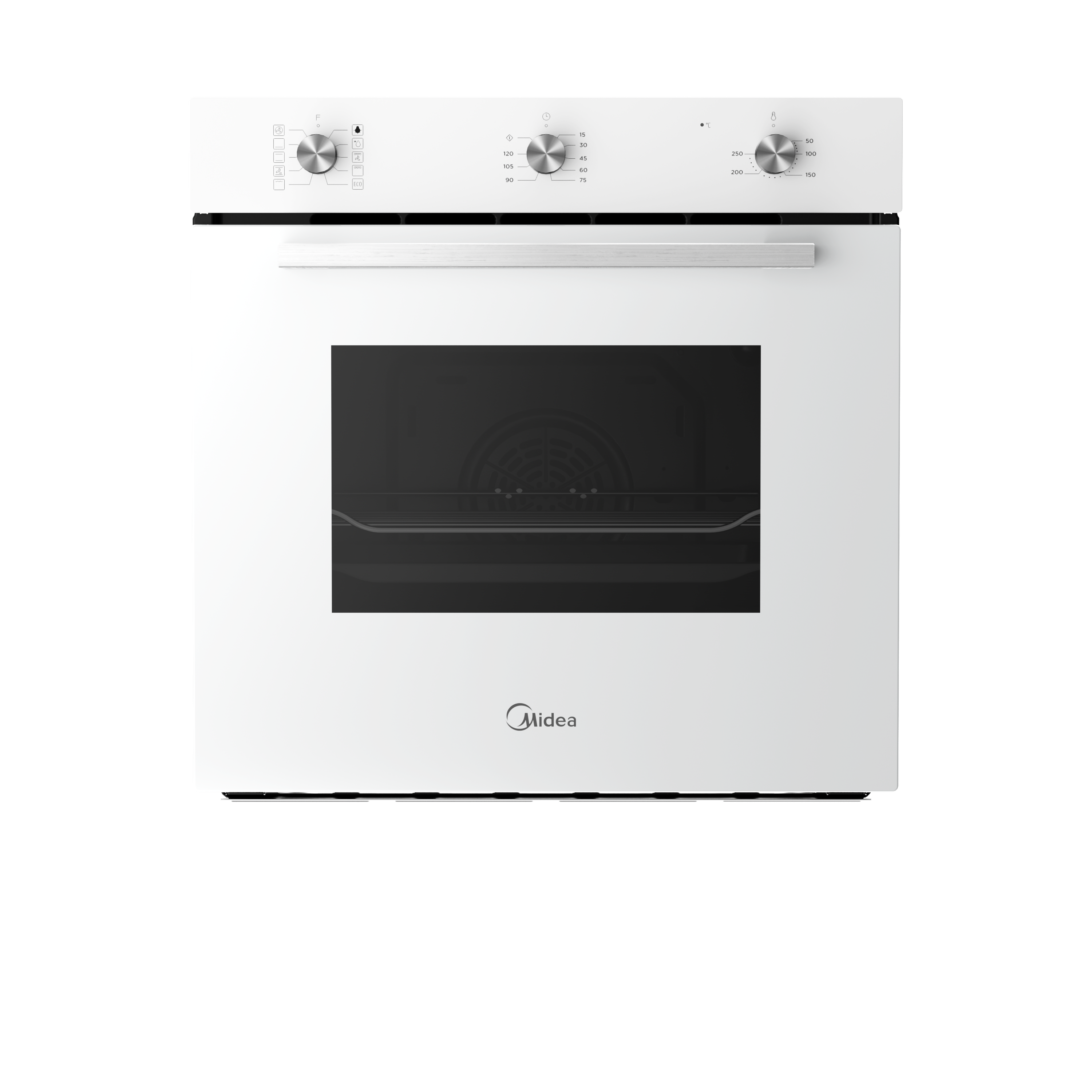 Un horno Midea blanco con mandos, puerta de cristal y asa metálica.