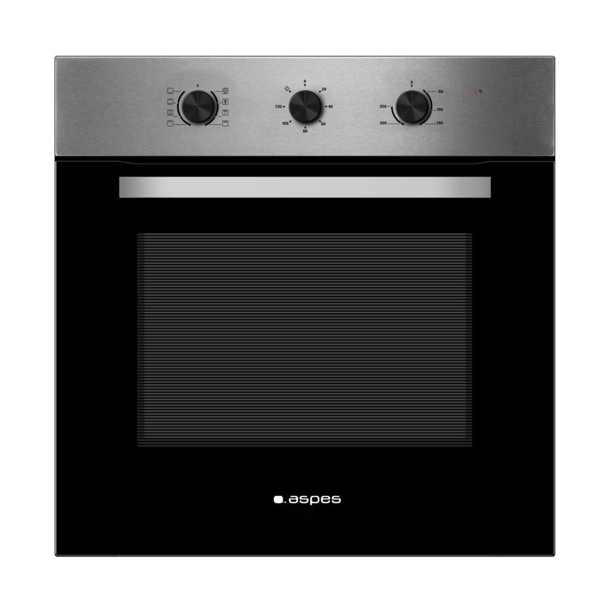 Horno empotrado de acero inoxidable con puerta de cristal negro. Tiene mandos y diales para controlar la temperatura.