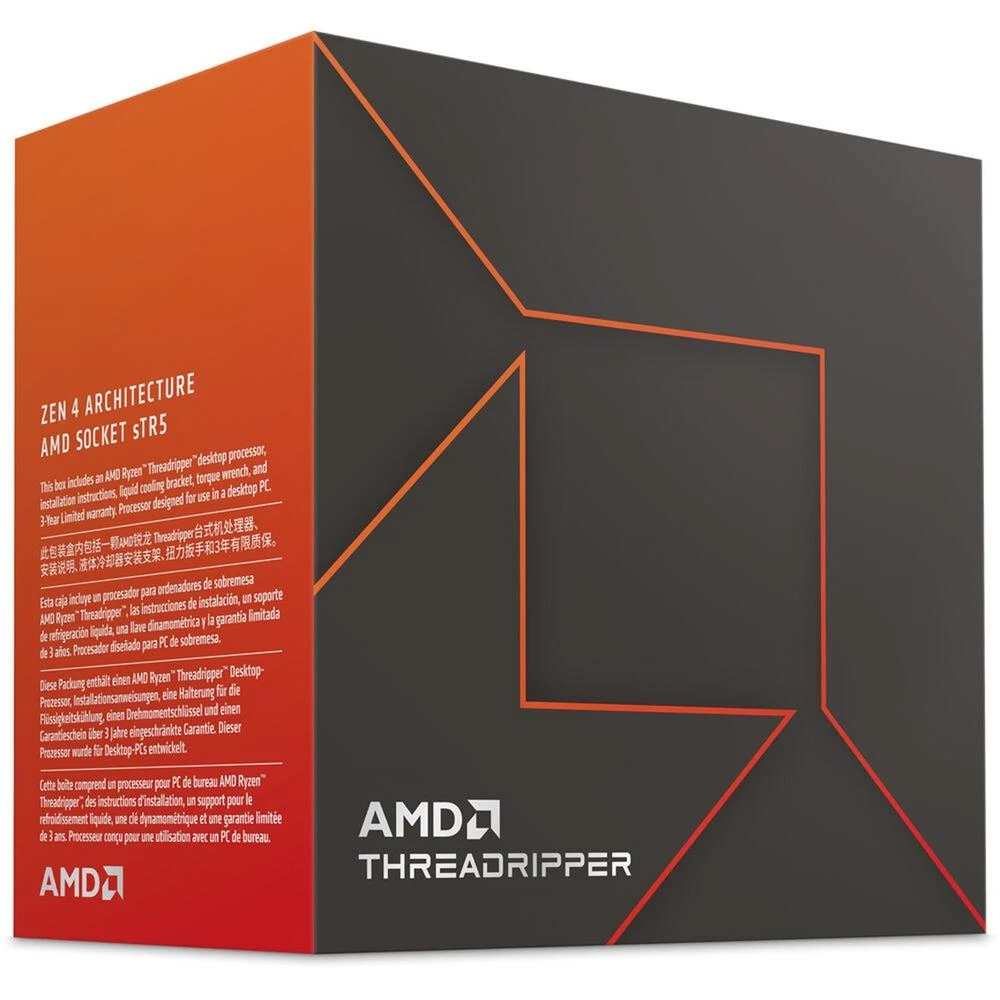 Pudełko AMD Ryzen Threadripper, czarno-pomarańczowy design. Tekst: szczegóły procesora, logo AMD.