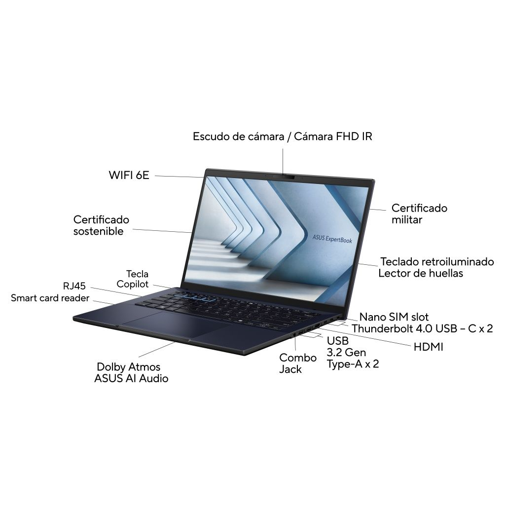 Portátil azul oscuro con pantalla abierta, etiquetado con funciones como WIFI 6E, USB, HDMI y Dolby Atmos. ASUS ExpertBook es visible.