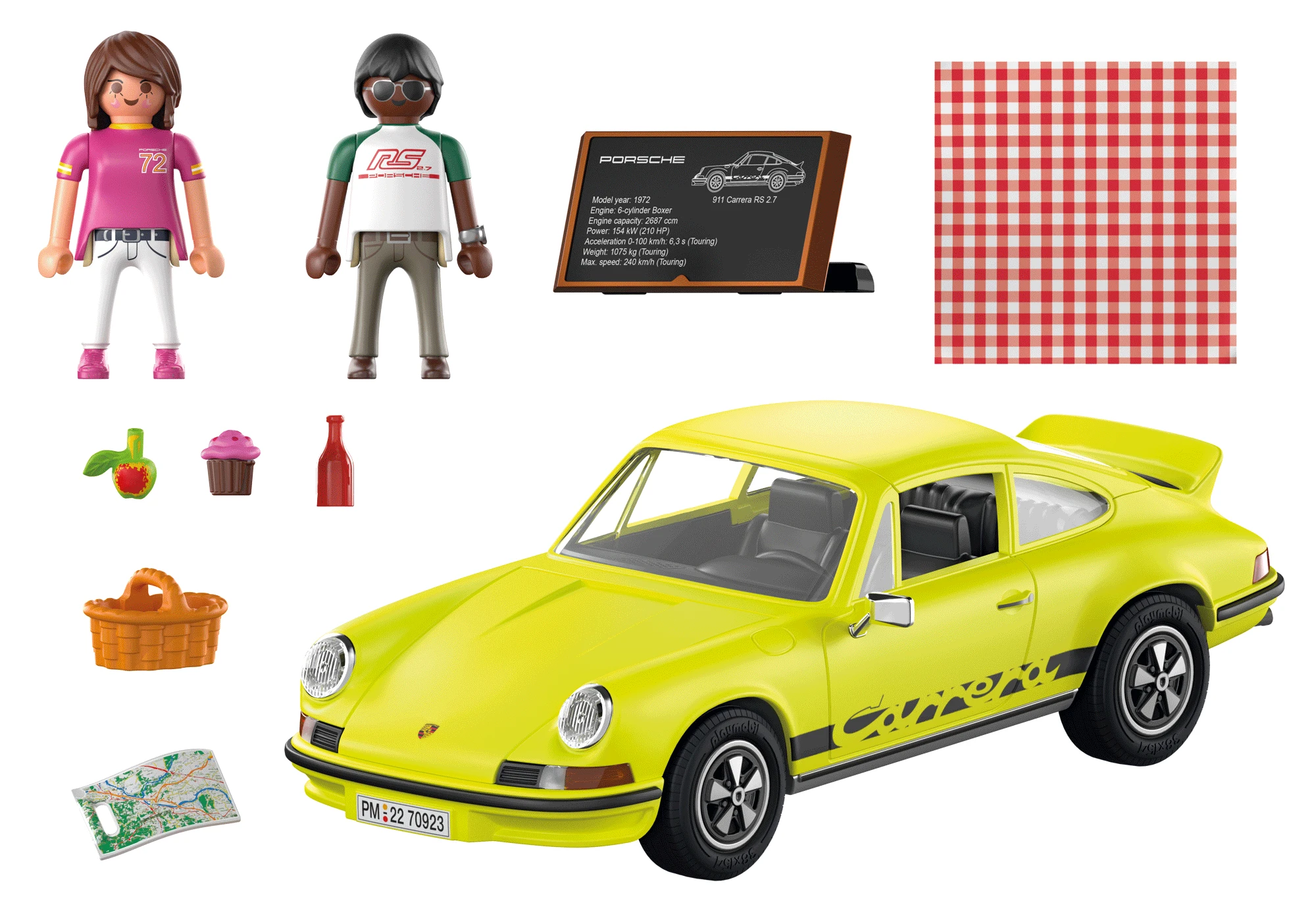 Ein gelbes Porsche 911 Carrera RS 2.7 Modell mit zwei Figuren, Lebensmitteln und einer karierten Tischdecke.