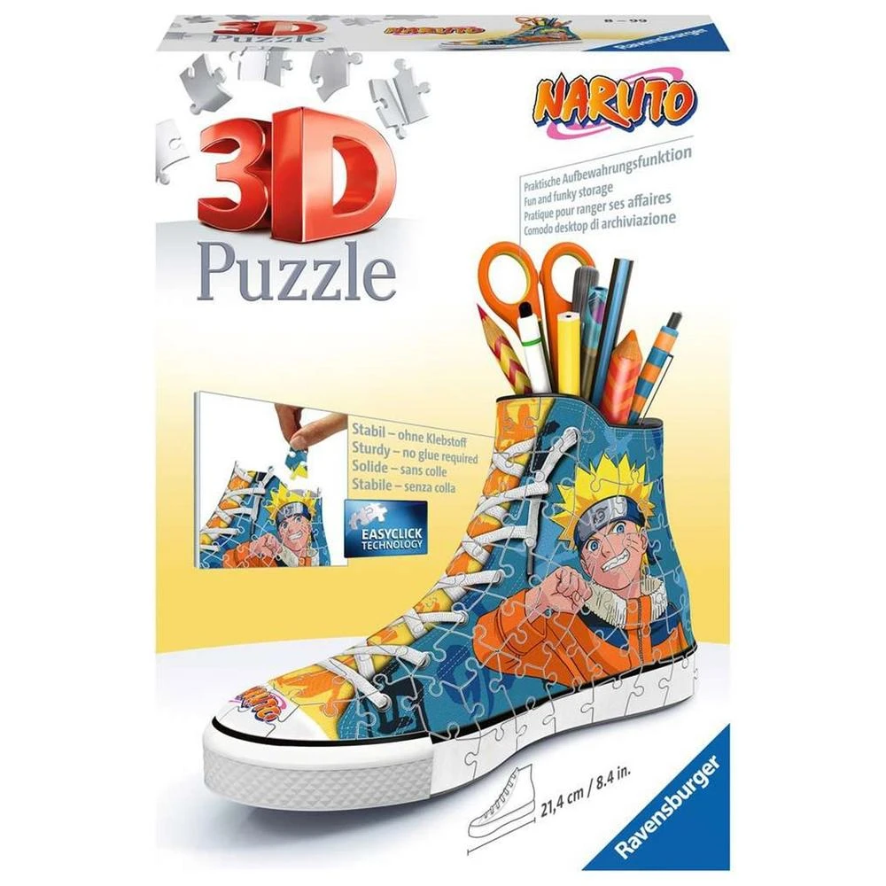 Pudełko 3D z puzzlami w kształcie buta Naruto. But jest wypełniony długopisami, ołówkami i nożyczkami. To produkt Ravensburger.