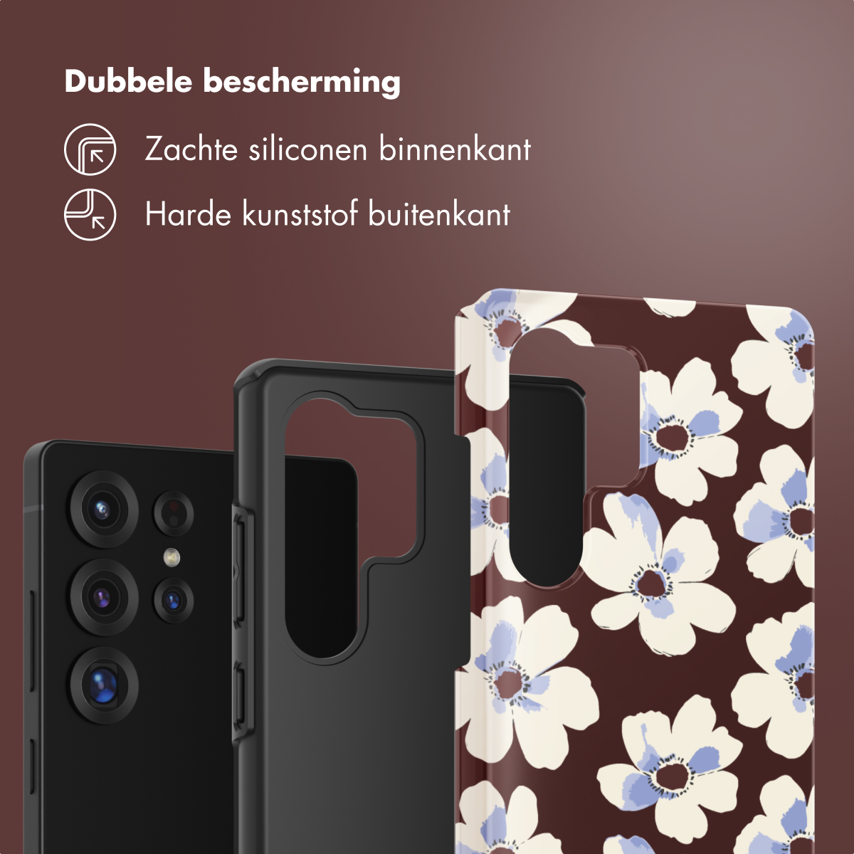 L'image montre un téléphone avec une coque. La coque a un motif floral. Le texte en haut à gauche dit « Double protection ».