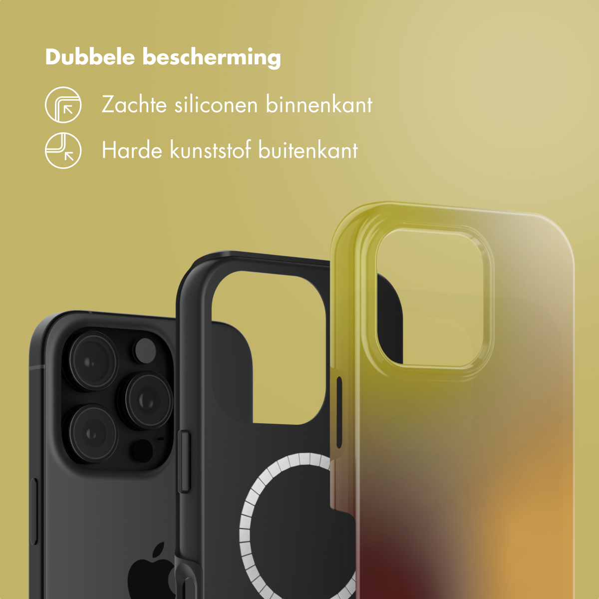 Afbeelding toont telefoonhoesjes, een zwarte en twee transparante met een geel-rode gradiënt, op een gele achtergrond. Tekst zegt 'Dubbele bescherming'.