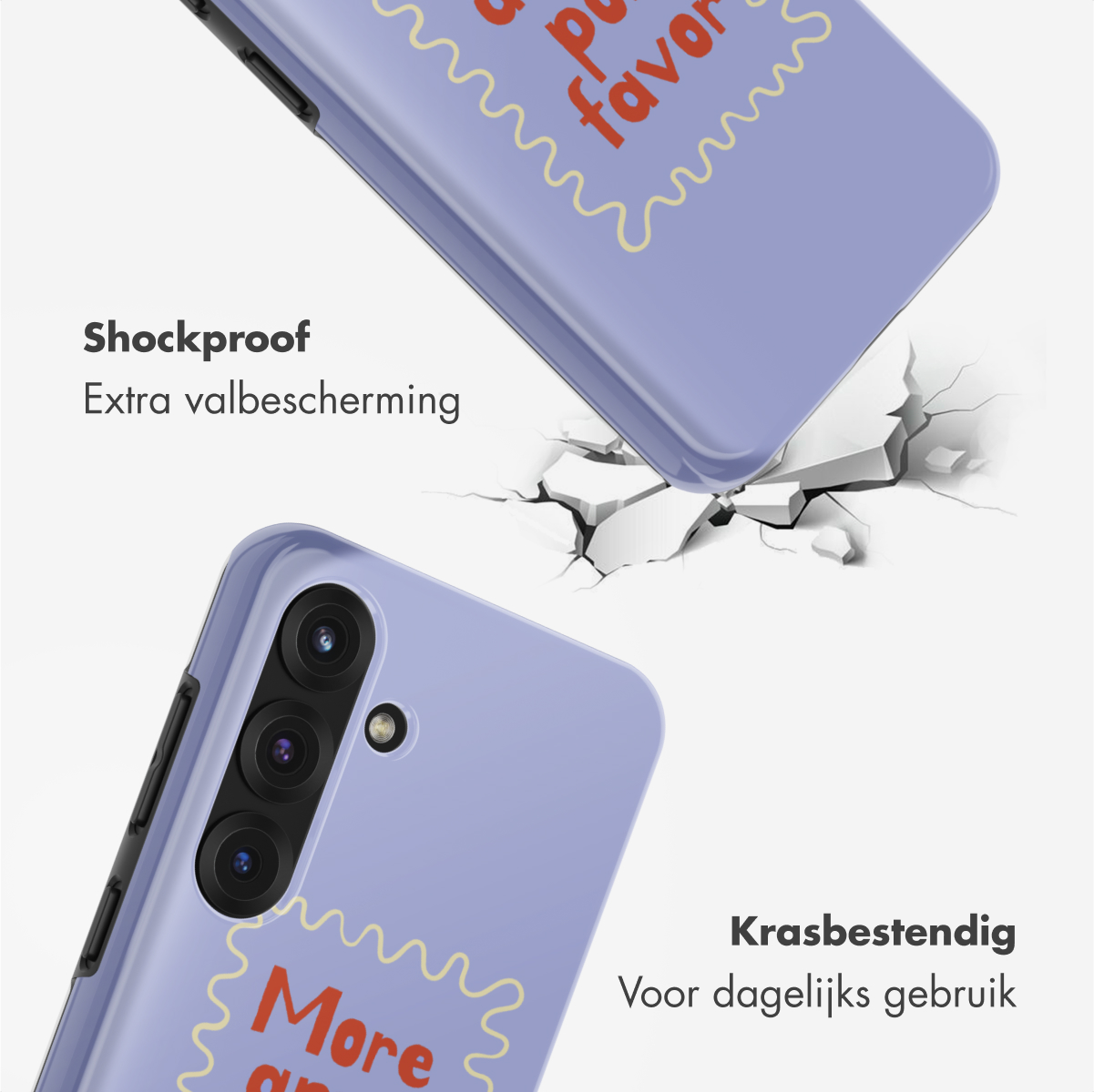 Twee lila telefoonhoesjes met tekst, een valt en breekt de grond. Op een staat 'More', op de andere 'po favor'.