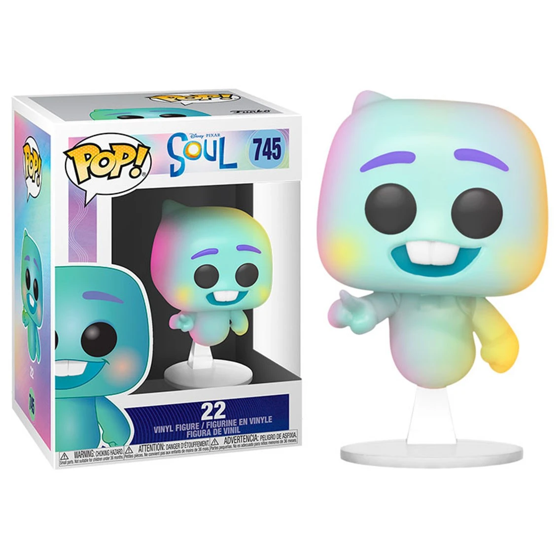Figurka Funko Pop z filmu Soul. Przedstawia niebieskiego, uśmiechniętego ducha z tęczowym gradientem. Widoczne jest również pudełko.