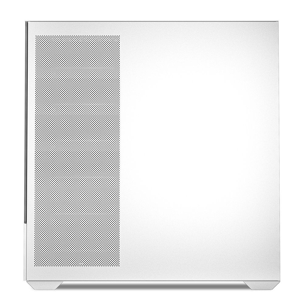 Un case per computer bianco. La parte anteriore ha una sezione perforata a sinistra. Il lato destro è liscio. Il case è su una superficie bianca.