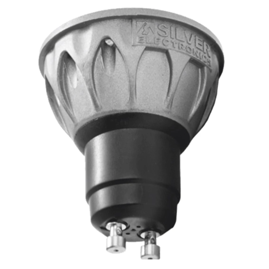 Primer plano de una bombilla plateada. Tiene una base negra y dos pines de contacto plateados. Arriba dice SILVER ELECTRONICS.