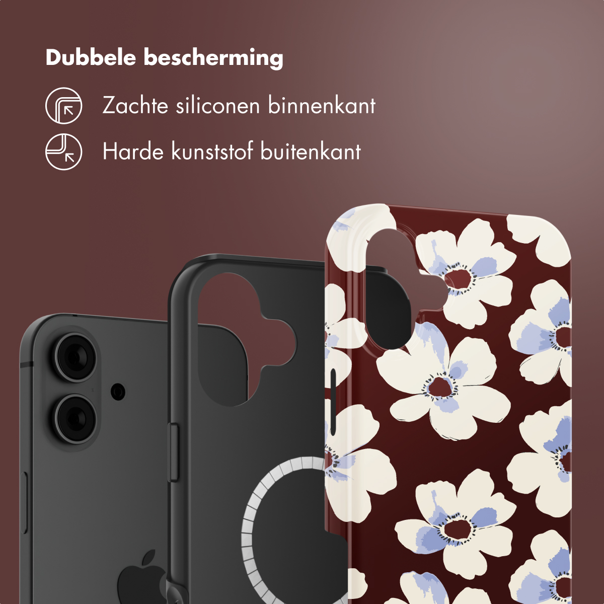 L'immagine mostra tre custodie per telefoni. Una nera, una nera con un cerchio bianco e una con un motivo floreale. Testo in alto.