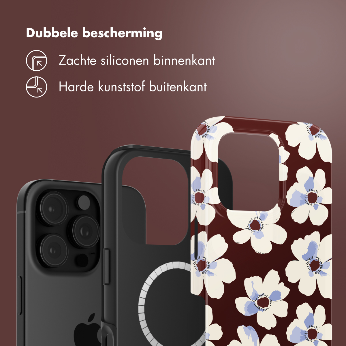 Coques de téléphone : noires, avec un motif floral. Une coque est noire, deux autres sont assemblées et une a des fleurs blanches.
