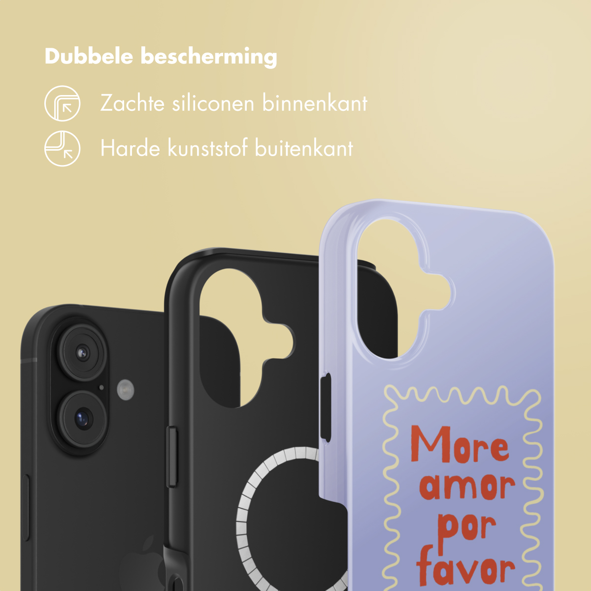 Drie telefoonhoesjes, zwart, zwart met witte ring en lila, naast elkaar. Op de lila staat 'More amor por favor'.