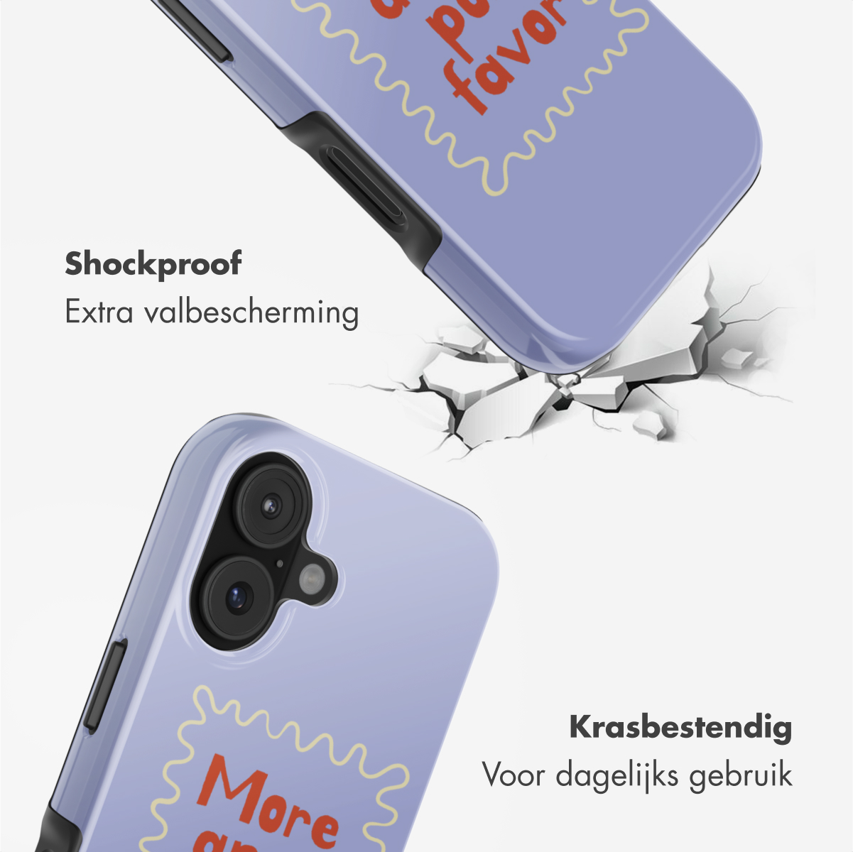 Twee telefoonhoesjes, één die de grond raakt. De hoesjes zijn blauw en hebben tekst. De grond is gebarsten.