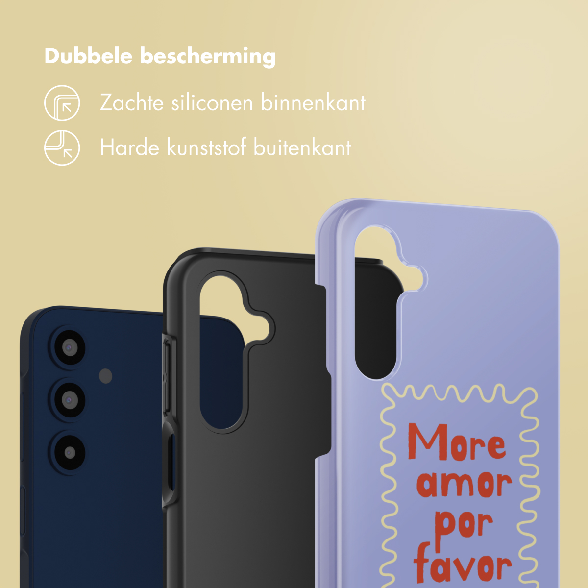 Trois coques de téléphone : bleu marine, noire et lavande. La coque lavande porte le texte 'More amor por favor'. Fond jaune.