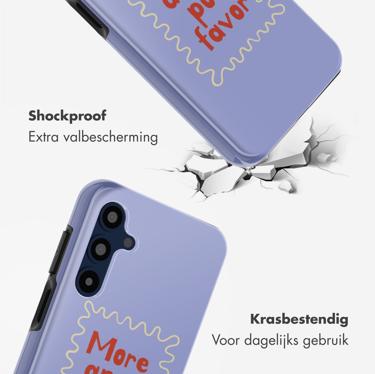 Deux coques de téléphone violettes avec du texte. L'une tombe et provoque des fissures. Le texte comprend 'More' et 'Favor'. 'Shockproof' et 'Krasbestendig'.