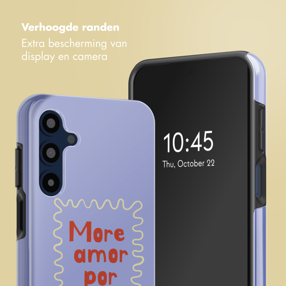 Deux smartphones avec étuis. Un est violet clair avec texte 'More amor por'. L'autre a un écran noir affichant l'heure.