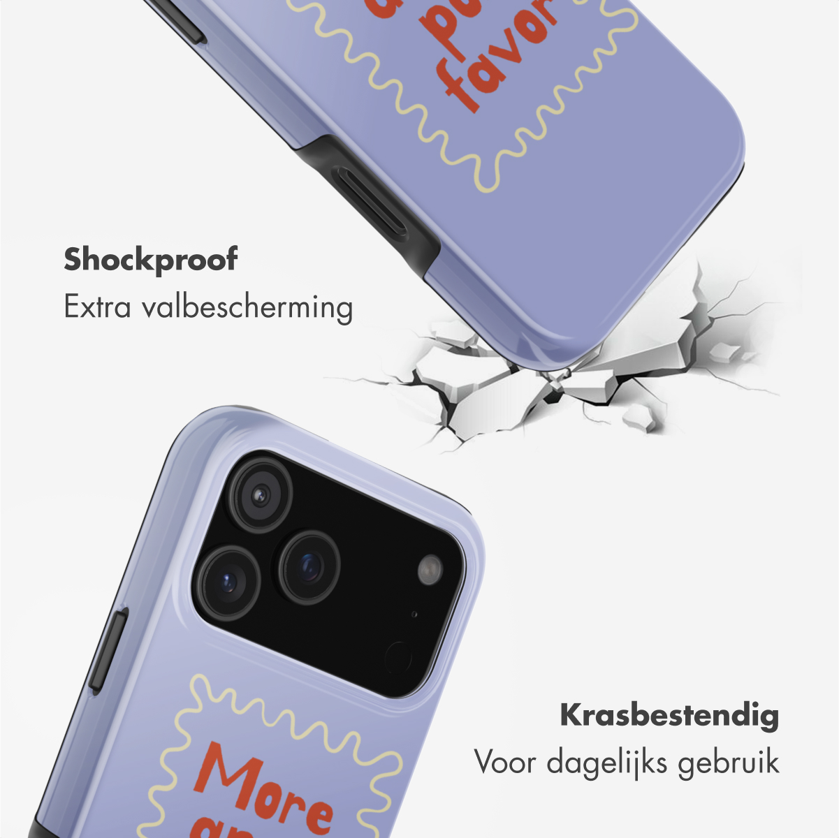 Twee telefoonhoesjes, één die de grond raakt, waardoor deze barst. Paarse hoesjes met tekst, 'More and favor'. Tekst op de afbeelding: Schokbestendig en Krasbestendig.