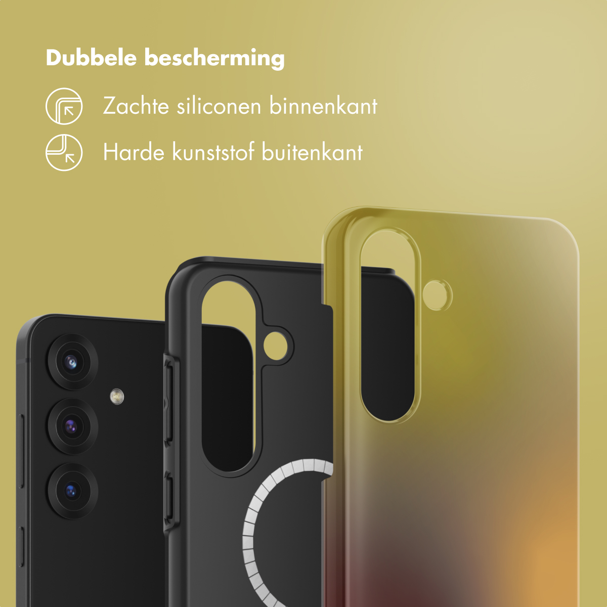 Drie telefoonhoesjes in zwart, zwart met een witte cirkel en geelbruin. Boven staat 'Dubbele bescherming'.