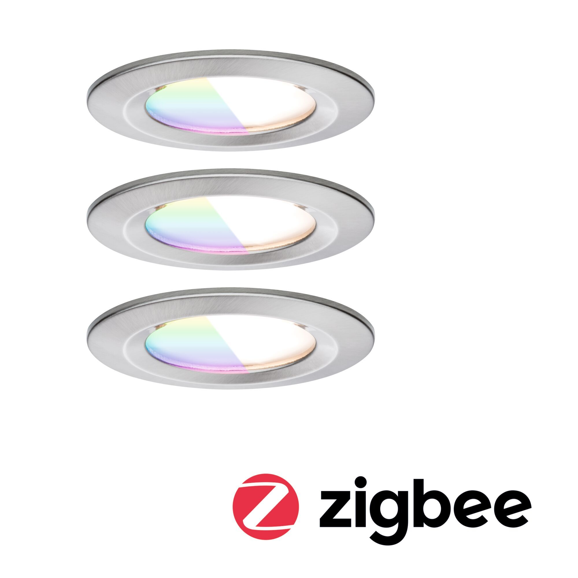 Trzy wpuszczane światła LED z tęczowym podświetleniem. Logo Zigbee na dole.