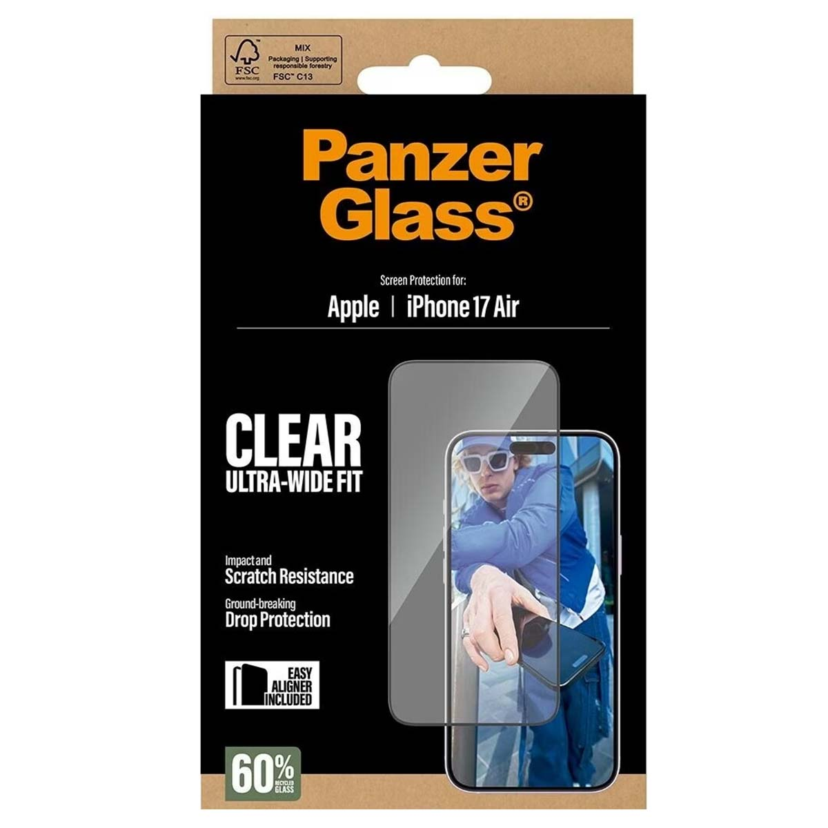 Een productverpakking voor Panzer Glass schermbeschermer voor iPhone 17 Air. Het benadrukt impact, krasbestendigheid en valbescherming.