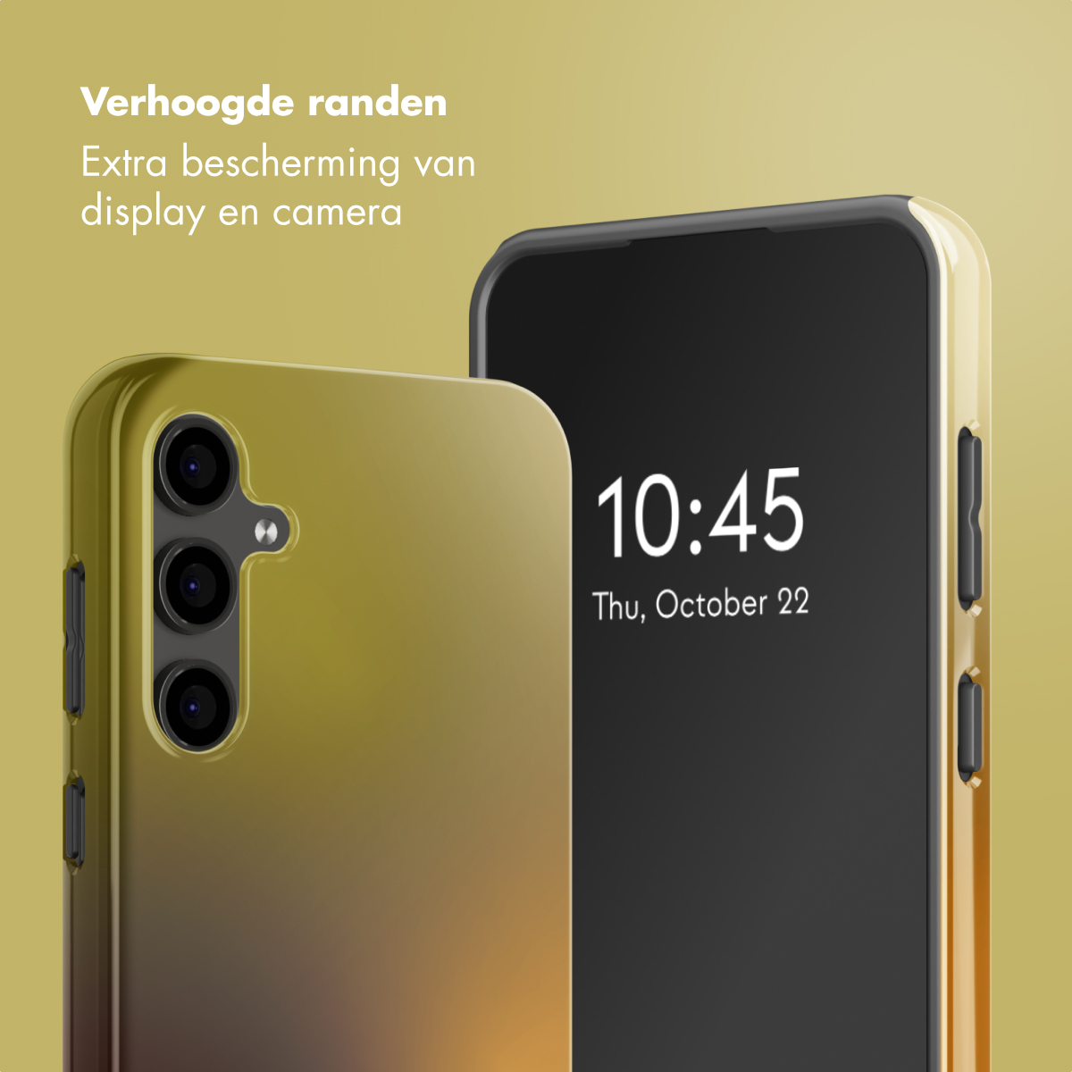 Twee smartphones in beschermende hoesjes. Eén toont de tijd: 10:45, 22 oktober. De andere heeft drie cameralenzen.