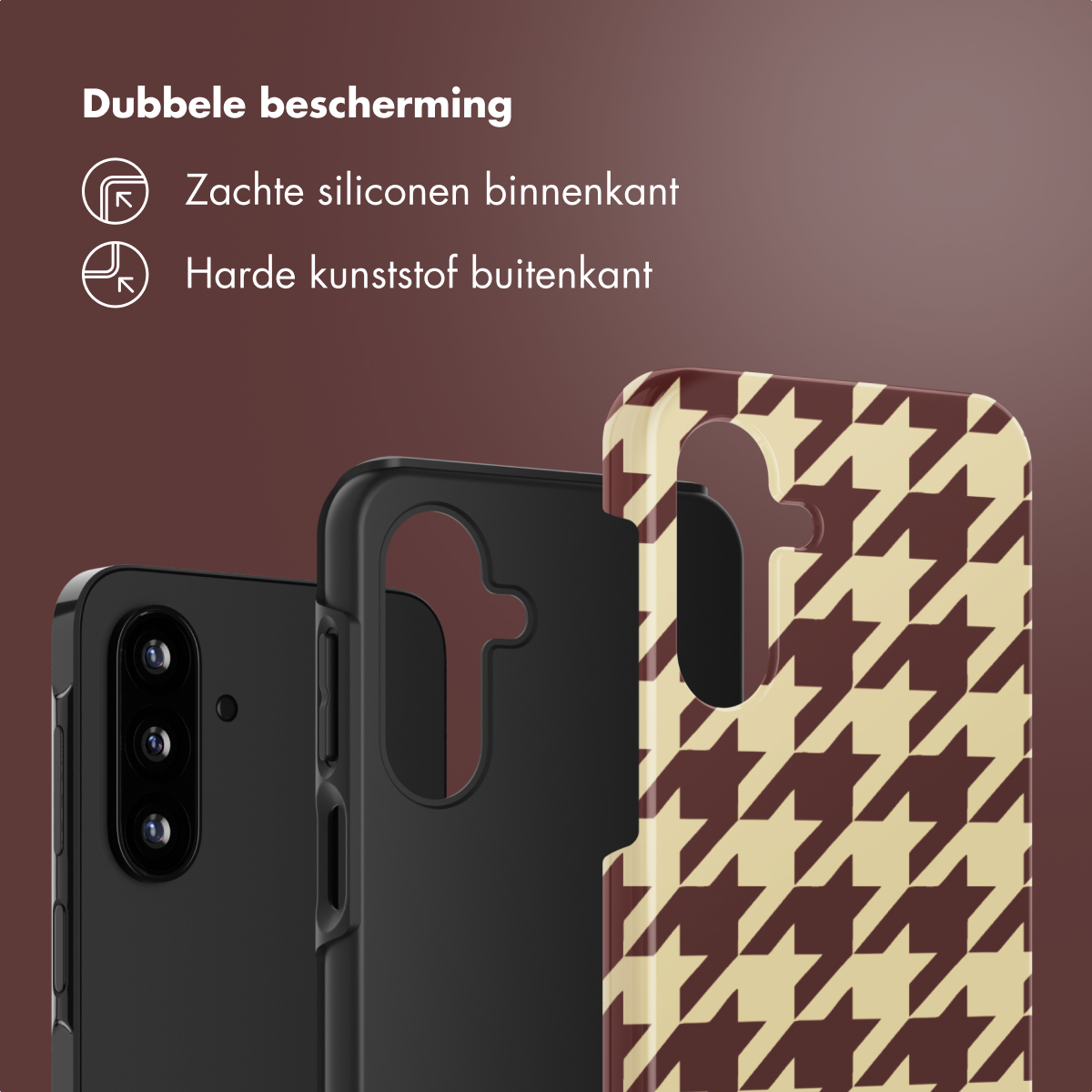 Telefoonhoesjes in zwart en pied-de-poule patroon. Tekst luidt 'Dubbele bescherming' met materiaaldetails.