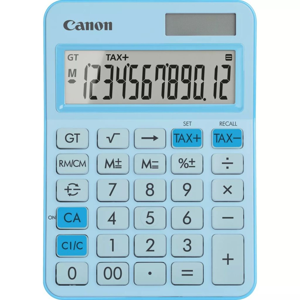 Une calculatrice Canon bleu clair affiche des chiffres. Les boutons incluent des chiffres, des fonctions et des options fiscales.